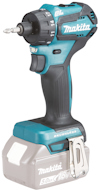 Borrskruvdragare i blå och svart med Makita-logotyp, utrustad med bit och bältesklämma.