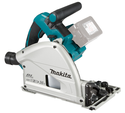 Cirkelsåg med blått och grått skal, märkning "Makita", batterifack, och svart handtag.