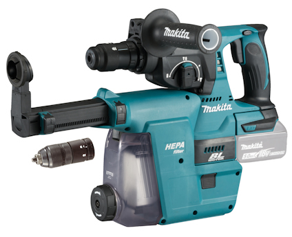 Slagborrmaskin av märket Makita med HEPA-filter och löstagbart borrhuvud.