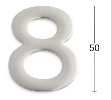 Självhäftande siffra 8 i borstat metallmaterial, med en höjdmarkering på 50.