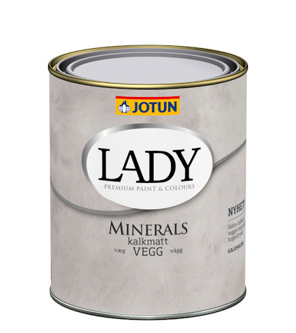 Färgburk med texten "Jotun", "LADY", "MINERALS", "kalkmatt VEGG" och "Premium Paint & Colours" på etiketten.