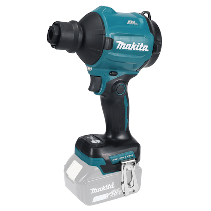 Batteridriven blåspistol i blått och svart med Makita-logotyp, borstlös motor och ergonomiskt handtag.