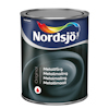 Färgburk med etikett där det står "Nordsjö" och "Metallfärg" på flera språk.