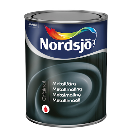 Färgburk med etikett där det står "Nordsjö" och "Metallfärg" på flera språk.