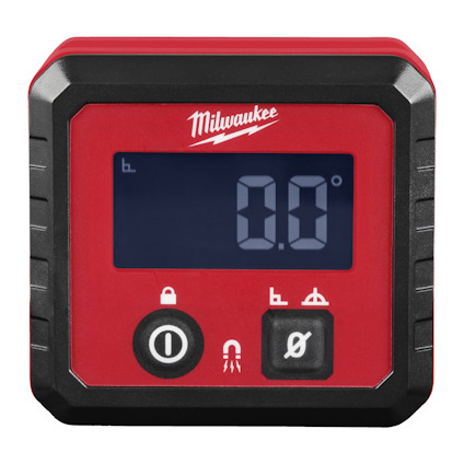 Digital vinkelmätare med röd och svart hölje, display som visar "0.0°", och tre knappar framtill.