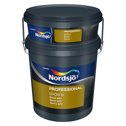 Två hinkar med etiketten "Nordsjö Professional Epoxi", en liten och en stor, placerade på varandra.