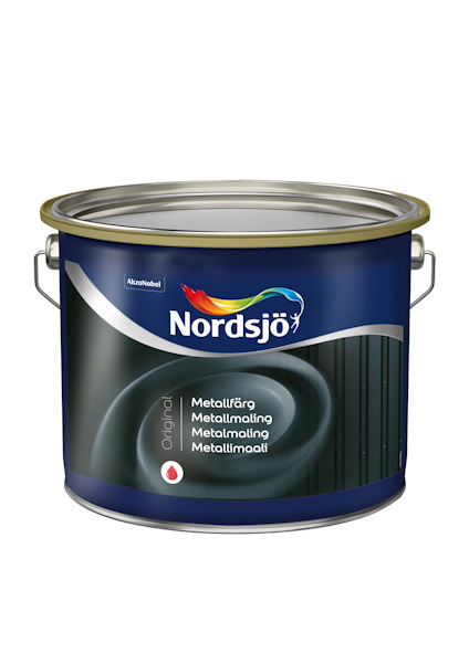 Burk med Nordsjö metallfärg, blå etikett med text på flera språk inklusive "Metallfärg" och "Original".