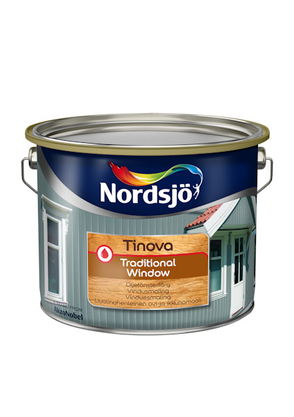 En burk av märket Nordsjö, Tinova Traditional Window, med etikett och bild av husfasad.