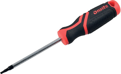 Svart och röd skruvmejsel med ergonomiskt handtag och Torx T15-spets.