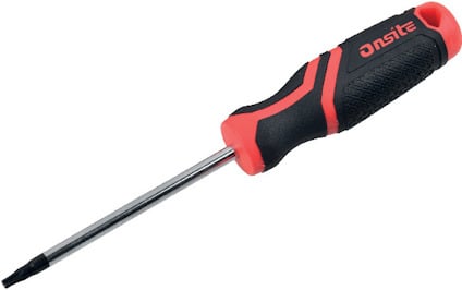 Skruvmejsel med svart och rött handtag, Torx T20-spets.