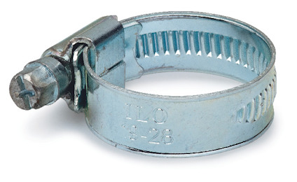 Metallisk slangklämma med skruvmekanism och präglad text på ytan.