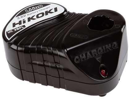 Svart HiKOKI 3.6V litiumbatteriladdare UC 3SFL med rött indikationsljus.
