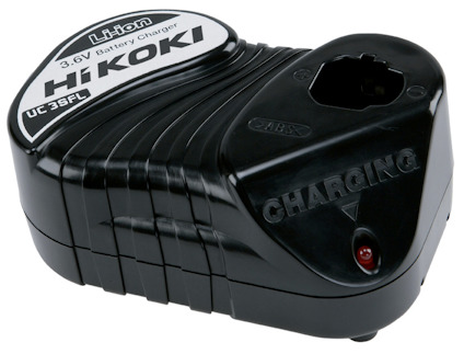 Svart Hikoki 3.6V litiumjon batteriladdare med texten "CHARGING" och en röd indikatorlampa.