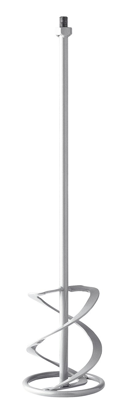 Metallisk maskinvisp med spiralmönster och lång axel för byggmaterial.