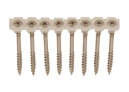 Bandade rostfria syrafasta skruvar med krysspår PH2, monterade på rad.