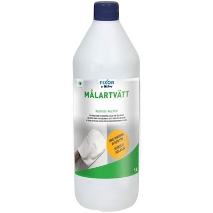 Plastflaska med etiketten "Fixor Målartvätt" och innehållet 1 liter.