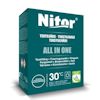 Förpackning för textilfärgsmaragd märkt "Nitor All in One" med instruktioner på flera språk, temperaturområde 30°C.