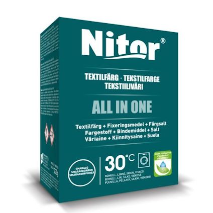 Förpackning för textilfärgsmaragd märkt "Nitor All in One" med instruktioner på flera språk, temperaturområde 30°C.
