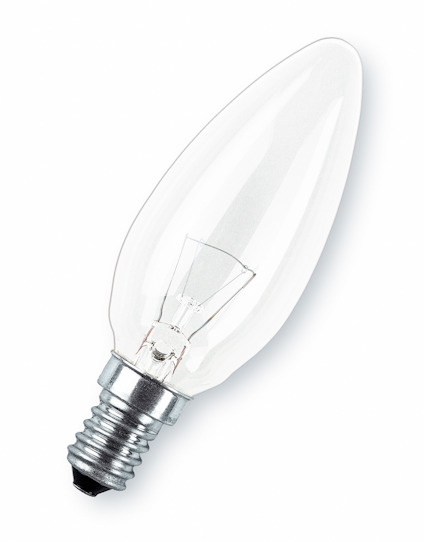 Glödlampa i klar glas med E14-sockel och spetsig design.
