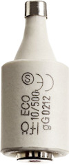 Vit cylindrisk säkring med metalländar och tryckt text: "ECO", "10/500" och andra symboler.
