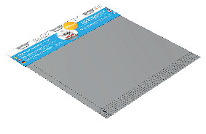 Grå bänkskåpsinsats i rektangulär form med blå etikett och text i vitt.