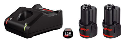 Laddare och två svarta batterier av märket Bosch, tillsammans med en liten rund symbol med texten "12V".