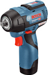 Sladdlös blå och svart mutterdragare med röd avtryckare och Bosch-logga på sidan.