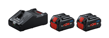 Laddare och två svarta och röda batterier märkta "ProCORE 18V" mot en vit bakgrund.
