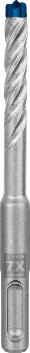 Metallisk borr med spiralformade skär och blå spets. Märkt "7X" på axeln.