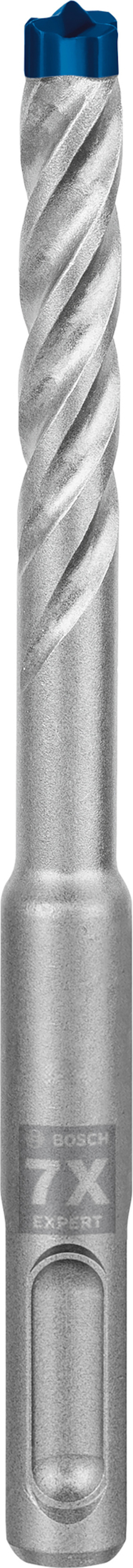 Metallisk borr med spiralformade skär och blå spets. Märkt "7X" på axeln.