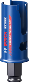 Blå hålsåg med metallfäste, Bosch-logga och röd text som lyder "Carbide Technology".