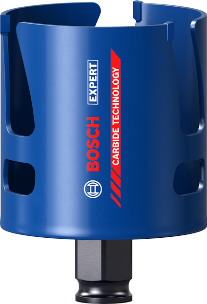 Blå hålsåg med Bosch-logotyp och texten "Expert Carbide Technology" i rött och vitt.