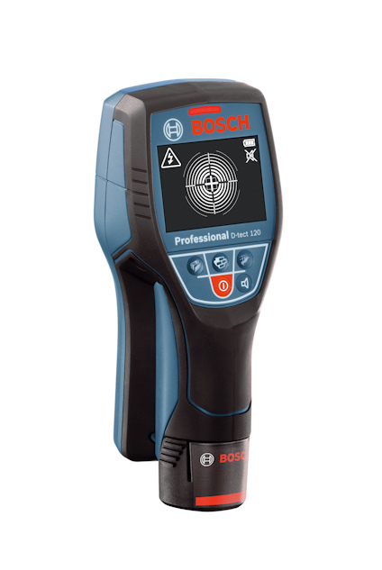 Bärbar digital detektor med ett handtag, display och Bosch-logotyp.