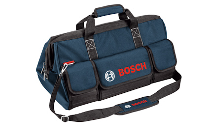 Blå verktygsväska med handtag och axelrem, märkt med "Bosch"-logga i rött och vitt.