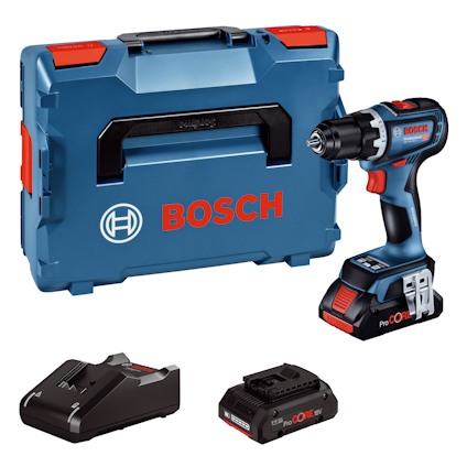 Blå skruvdragare med väska och tillbehör av märket Bosch.
