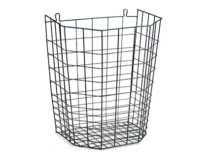 Trådformad, rektangulär metallkorghylla med rutnät-design i svart.
