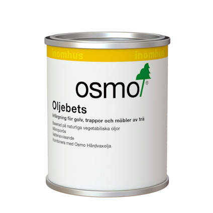 Plåtburk innehållande Osmo Oljebets med logotyp och text om produktens användningsområde för trä.