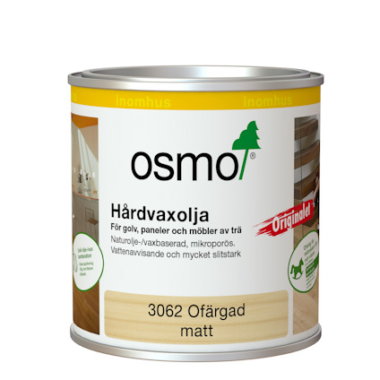 Plåtburk med etikett för Osmo hårdvaxolja, märkt "Originalet" och "3062 Ofärgad matt".