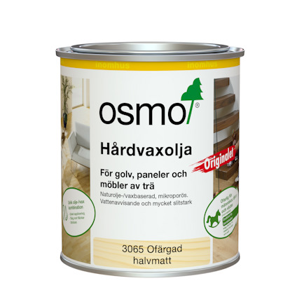 Plåtburk med etikett för Osmo hårdvaxolja, märkt "Originalet" och "3065 Ofärgad halvmatt".