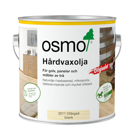Plåtburk med hårdvaxolja, Osmo logotyp och text om användning för träytor.