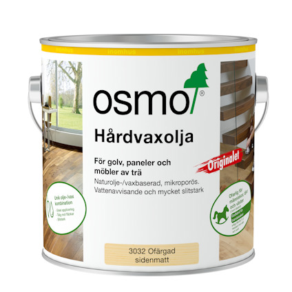 Plåthink med etikett för Osmo hårdvaxolja, text och bilder av träytor.