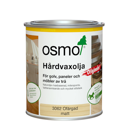 Plåtburk med etikett för Osmo hårdvaxolja, märkt "Originalet" och "3062 Ofärgad matt".