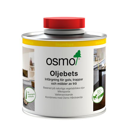 Plåtburk med röd plastkork innehållande OSMO Oljebets och text som beskriver användning för golv, trappor och möbler av trä.