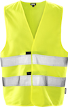 Gul varselväst med två horisontella reflexband och kardborreknäppning framtill.