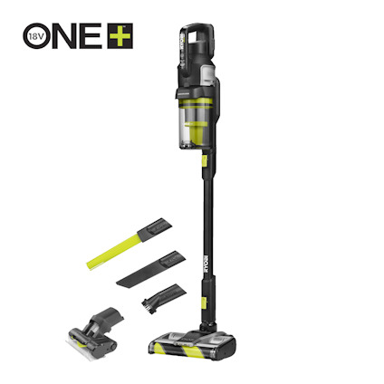 Skaftdammsugare med batteri av märket RYOBI, märkning "ONE+ 18V", och tillbehör som munstycke och borste mot vit bakgrund.