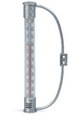 Silverfärgad utomhustermometer med tydliga siffror från -40 till 50 grader Celsius och en bågformad fästanordning.