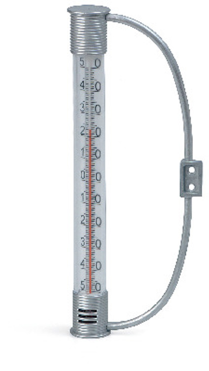 Silverfärgad utomhustermometer med tydliga siffror från -40 till 50 grader Celsius och en bågformad fästanordning.