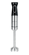 Svart och silver stavmixer med slimmad design och knappar på handtaget.