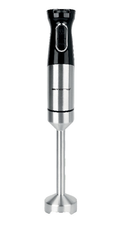 Svart och silver stavmixer med slimmad design och knappar på handtaget.