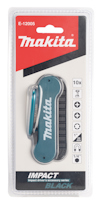 Förpackning med Makita-bitsats E-12005 innehållande 10 delar med blått fodral och metallklämma.